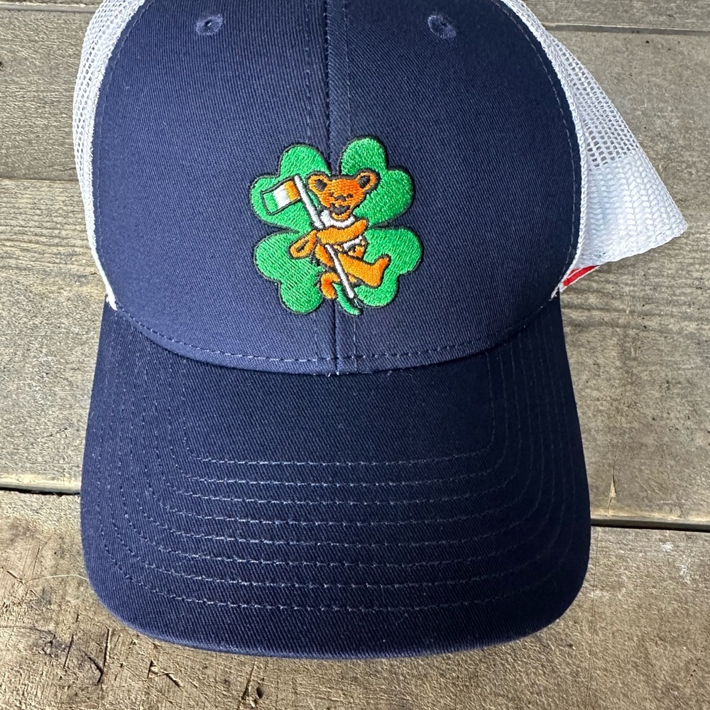 The Grateful Dead Bear Ireland Irish Flag Hat  Blue Green White Mesh Snap Back